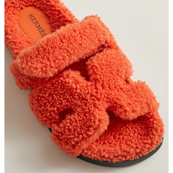 Hermes Chypre Sandal Teddy Shearling Fur Orange H Logo Slide Mule Flat Flip 37.5 - Picture 7 of 12